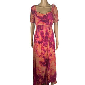 Bar III Women's Pink and Orange Tie Dye 100% Polyester Maxi Dress Size M…